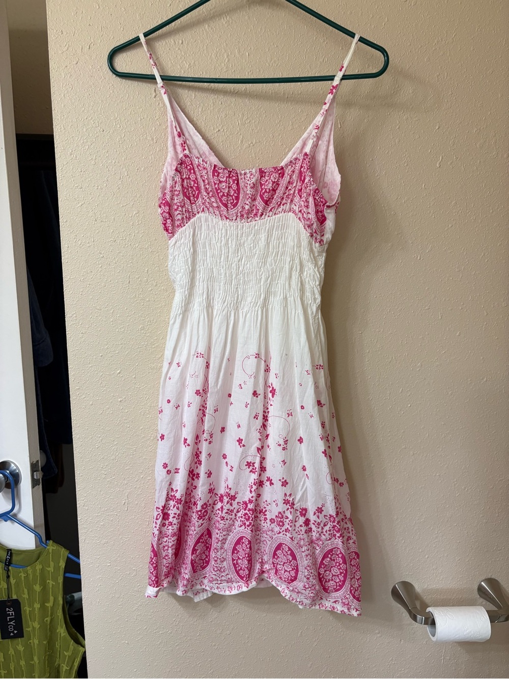 Alki'i White and Pink Paisley Smocked Mini Dress